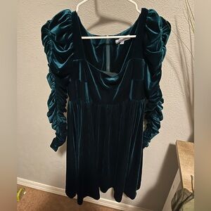 Antonio Melani Emerald Green Velvet Babydoll Long-Sleeve Mini Dress